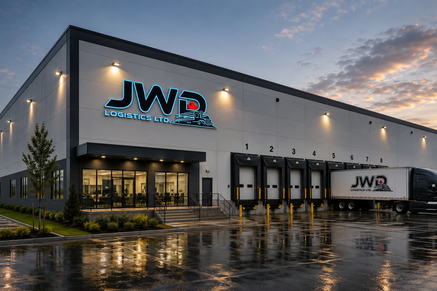 JWD Logistics warehouse dock, trailers loading at multiple bays.